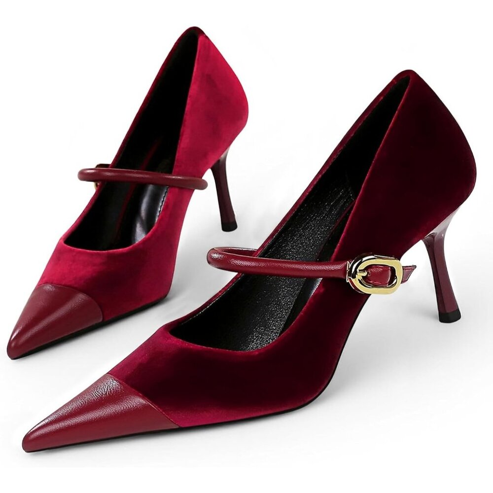 Women's Burgundy Pointed Toe Stiletto Slip On Single-Strap Comfortable Pump Heel - Picture 5 of 6